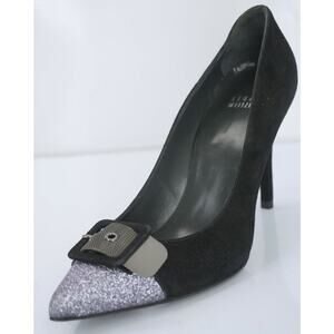 Stuart Weitzman Industry Black Glitter Buckle Cap Strap Toe Pump Size 7 NIB $395